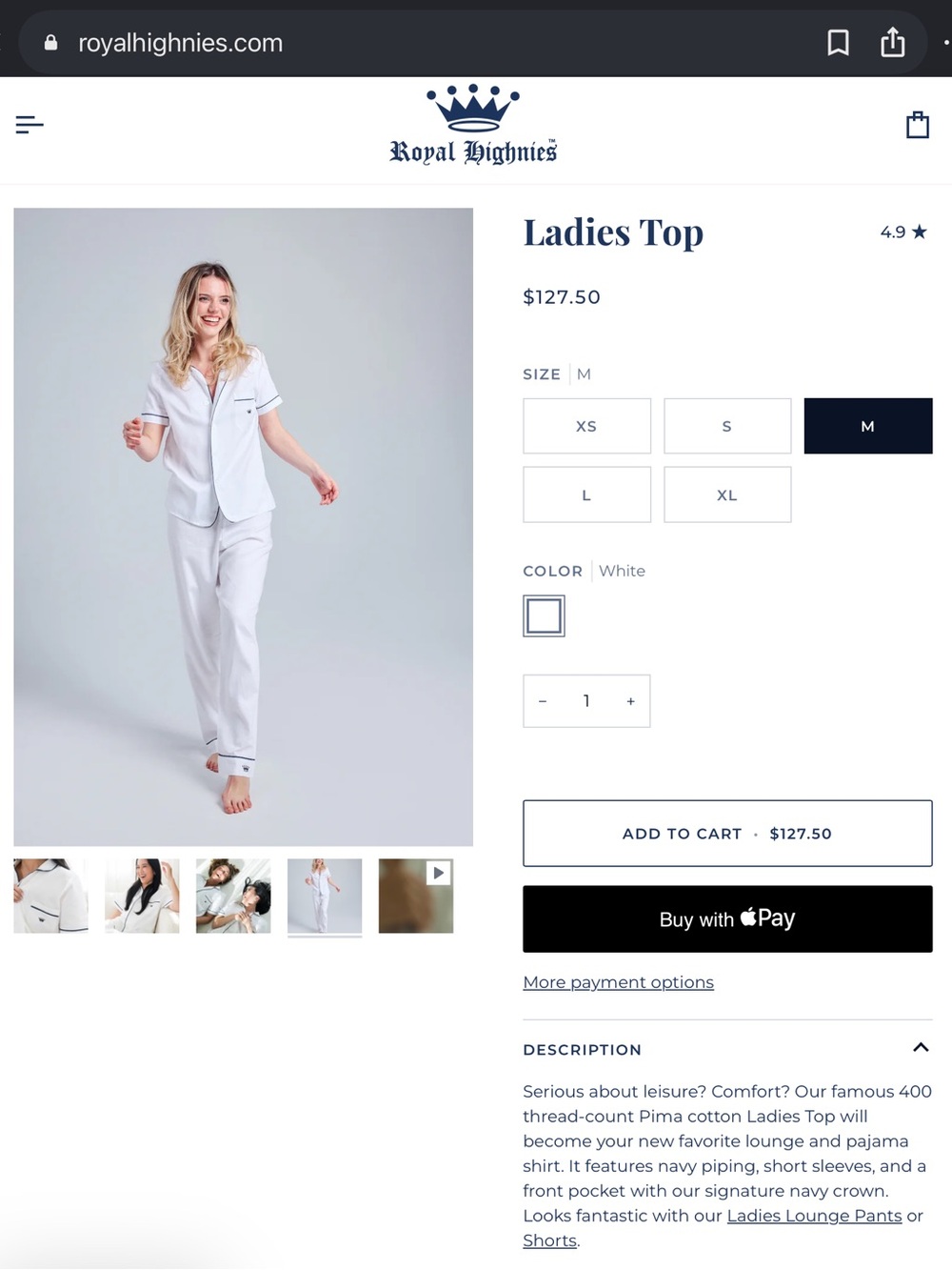 Royal Highnies Women's M 100% Pima Cotton 400 Thread Count White Pajama Top - Picture 3 of 10